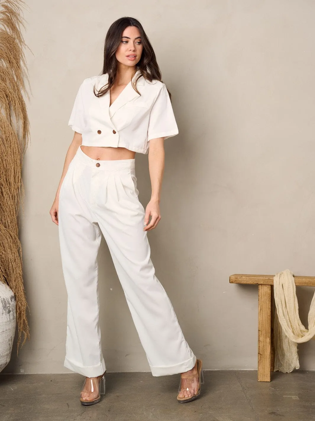 WOMEN'S SHORT SLEEVE TOP & WIDE LEG PANTS SET