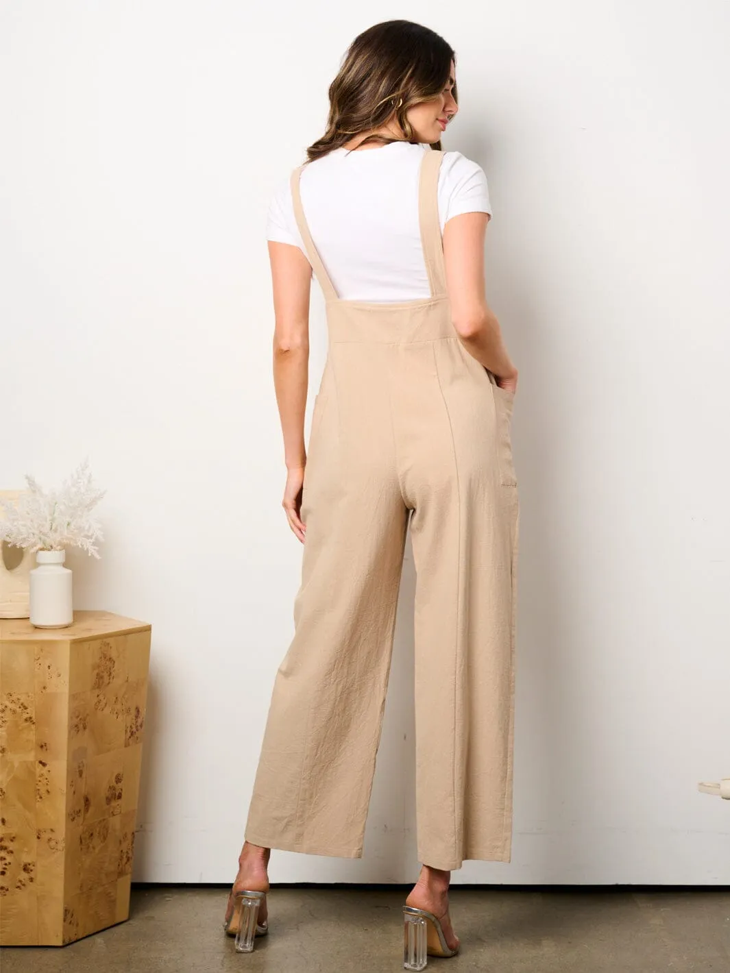 WOMEN'S SLEEVELESS BUTTON UP POCKETS WIDE LEG OVERALL