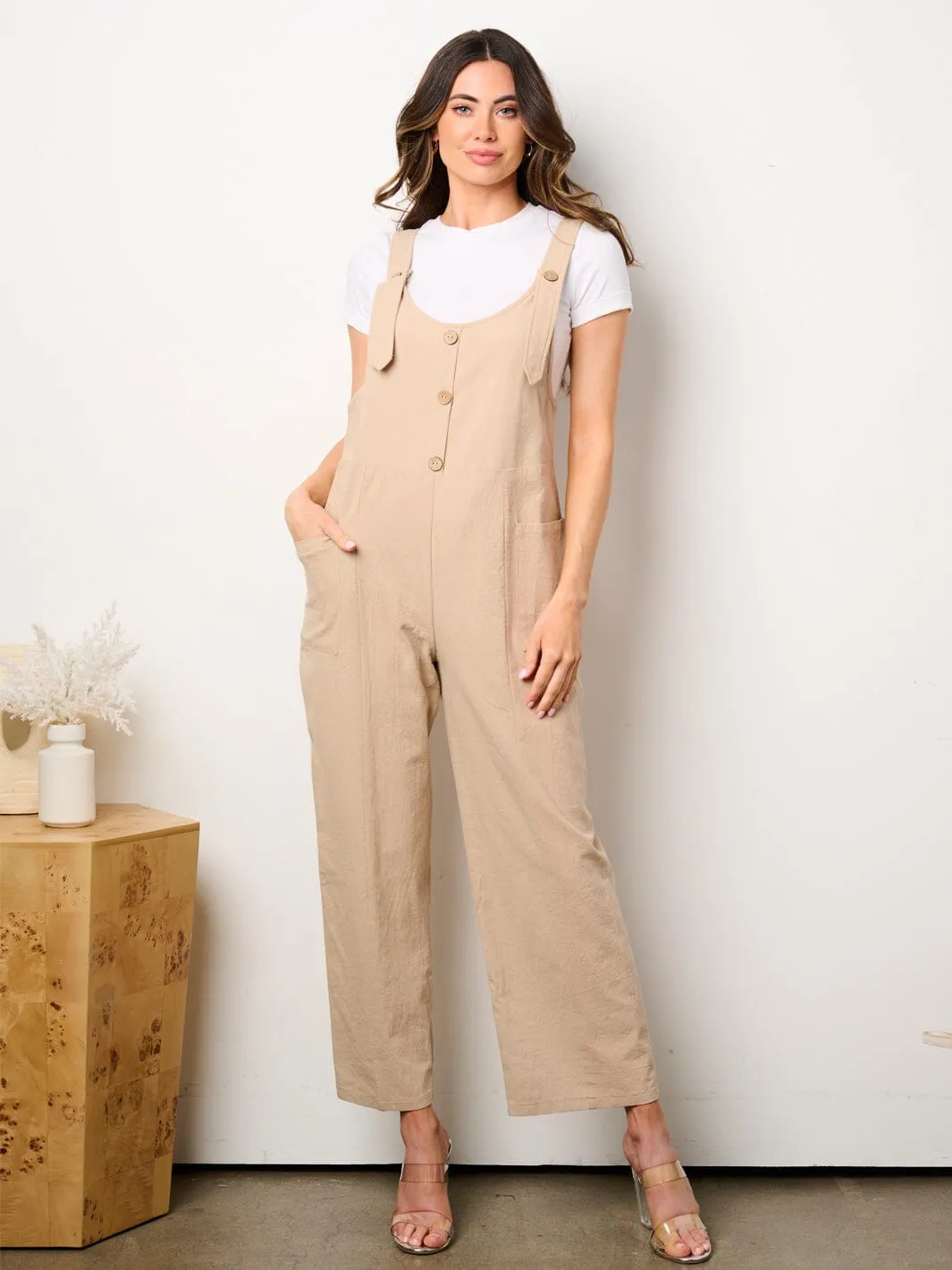 WOMEN'S SLEEVELESS BUTTON UP POCKETS WIDE LEG OVERALL