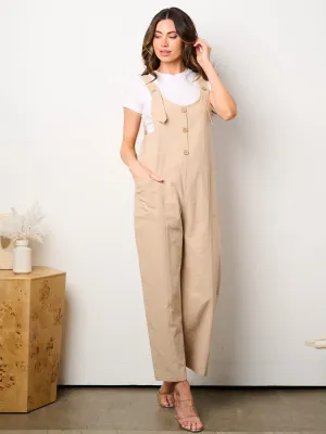 WOMEN'S SLEEVELESS BUTTON UP POCKETS WIDE LEG OVERALL