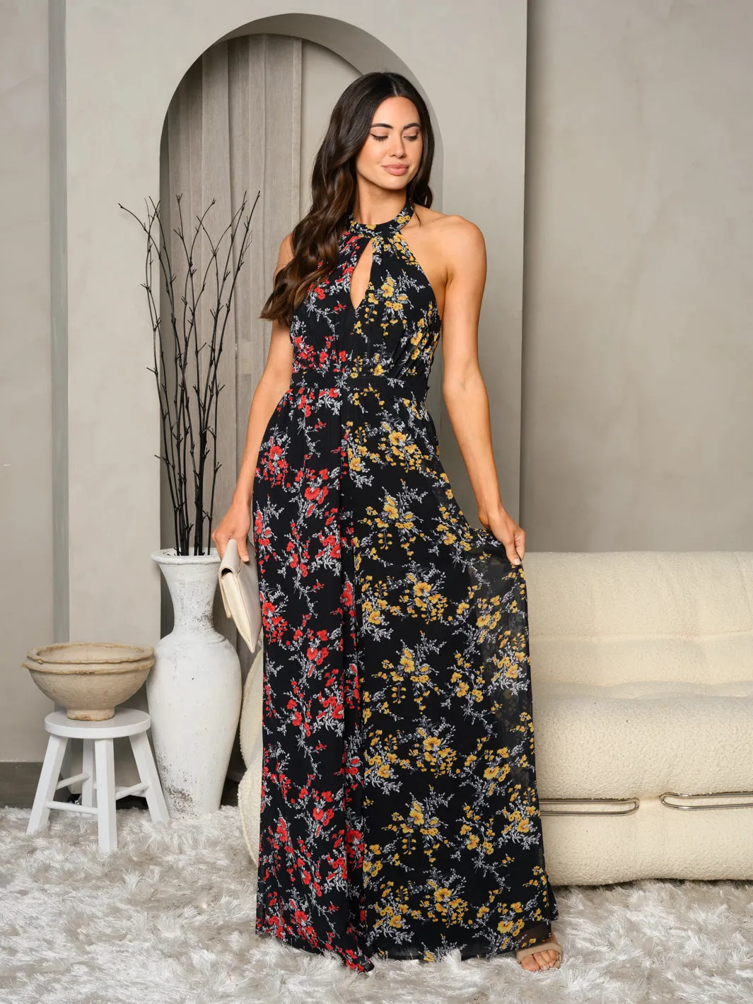 WOMEN'S SLEEVELESS NECK TIE FLORAL JUMPSUIT