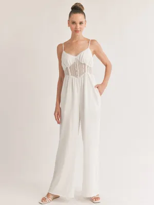 WOMEN'S SLEEVELESS POCKETS MESH DETAILED WIDE LEG JUMPSUIT