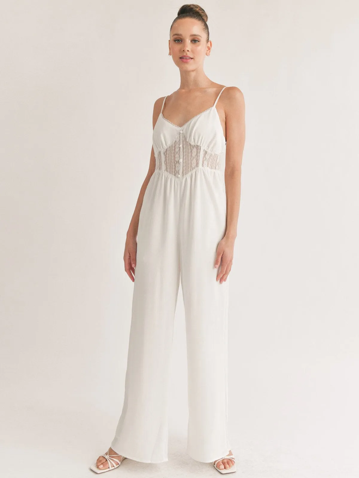 WOMEN'S SLEEVELESS POCKETS MESH DETAILED WIDE LEG JUMPSUIT