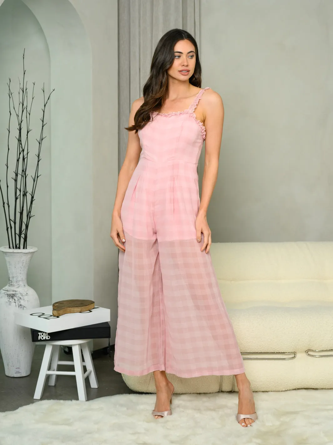 WOMEN'S SLEEVELESS RUFFLE PLAID JUMPSUIT