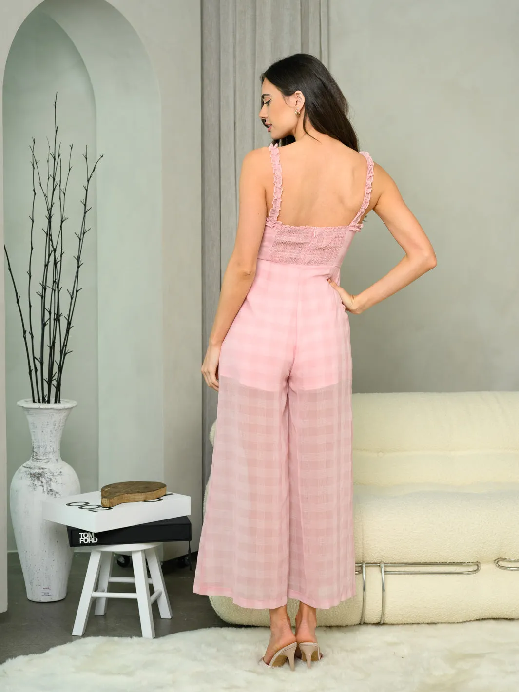 WOMEN'S SLEEVELESS RUFFLE PLAID JUMPSUIT