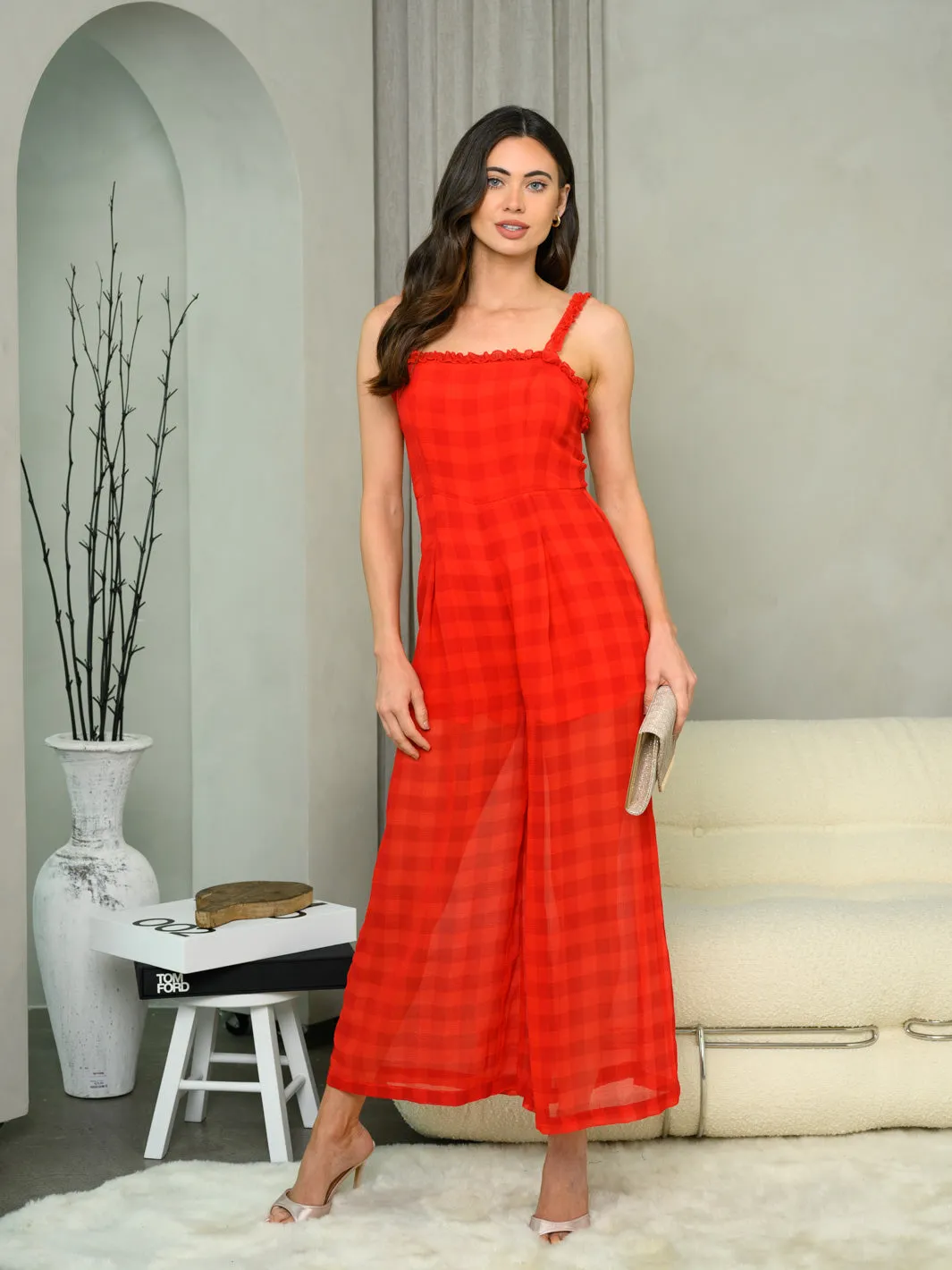 WOMEN'S SLEEVELESS RUFFLE PLAID JUMPSUIT