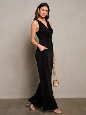 WOMEN'S SLEEVELESS SURPLICE POCKETS SHIMMER WIDE LEG JUMPSUIT
