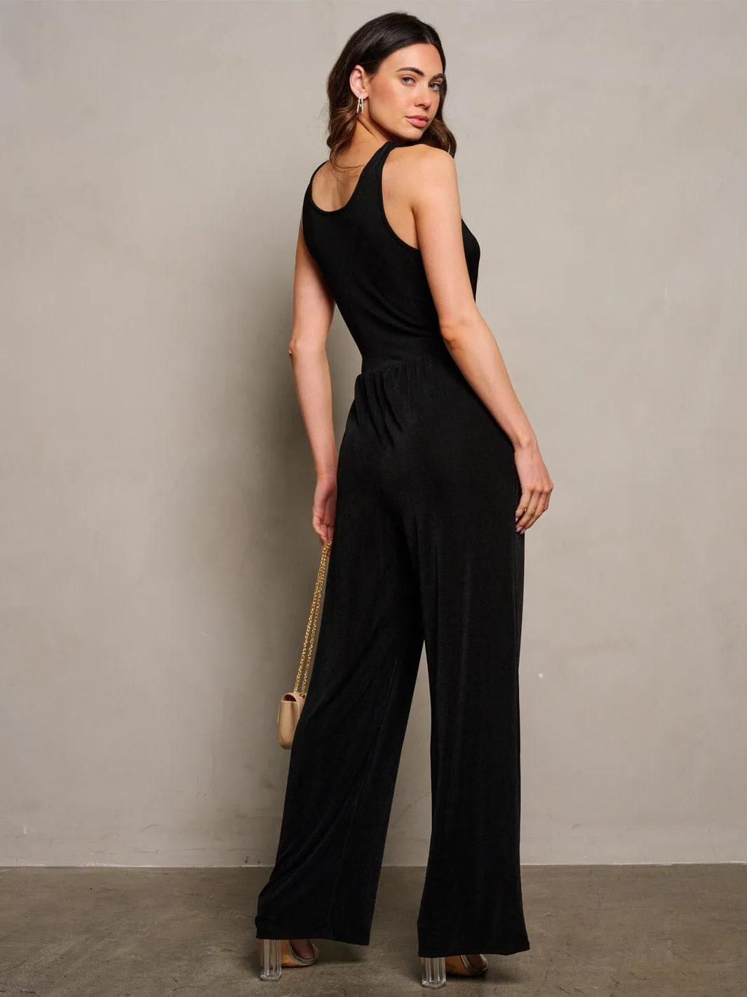 WOMEN'S SLEEVELESS SURPLICE POCKETS SHIMMER WIDE LEG JUMPSUIT