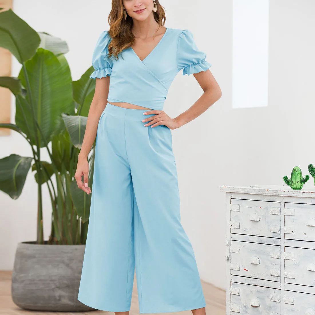 Women's Sleeves V-neck Tie with Navel Waist Wide Leg Cross-legged Nine Pants