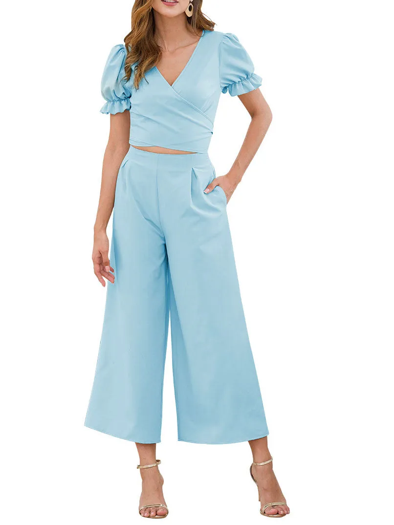 Women's Sleeves V-neck Tie with Navel Waist Wide Leg Cross-legged Nine Pants