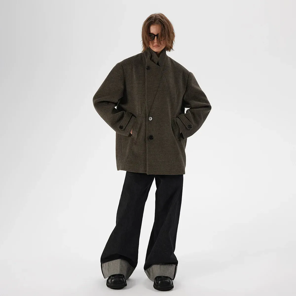 Woolen Mid-Length Peak-Lapel Jacket