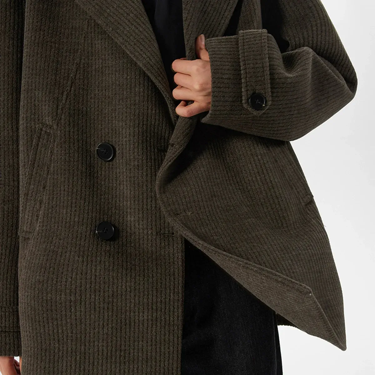 Woolen Mid-Length Peak-Lapel Jacket