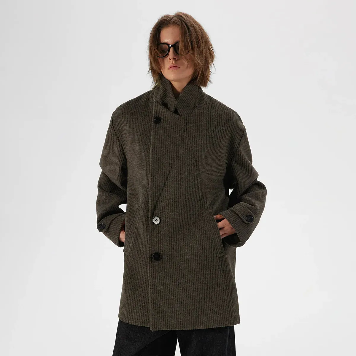 Woolen Mid-Length Peak-Lapel Jacket