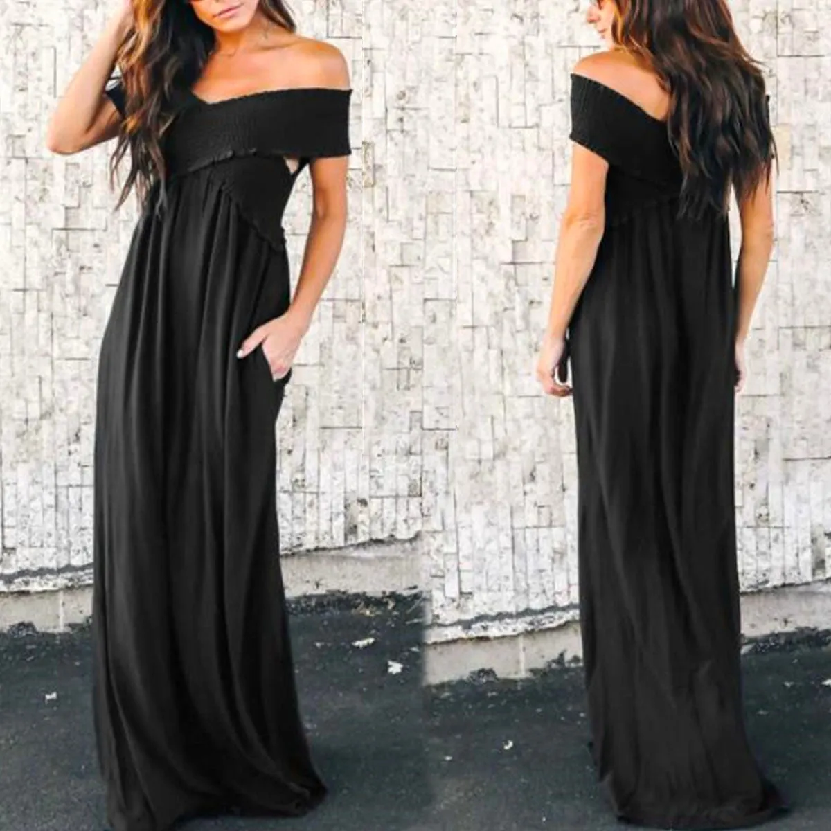 Wrinkle Off The Shoulder Party Vacation Maxi Dresses