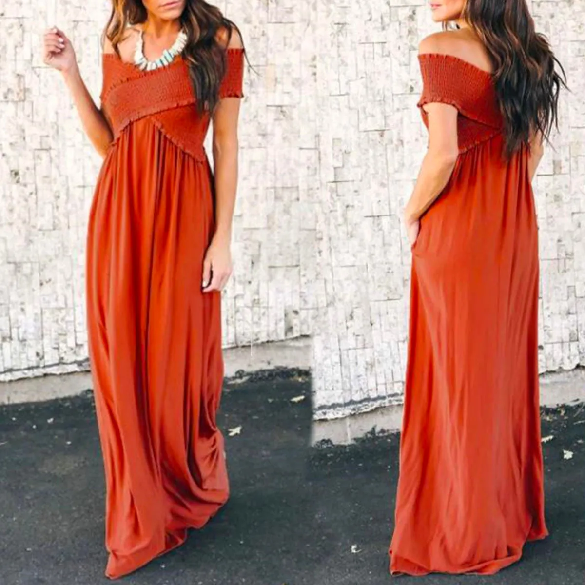 Wrinkle Off The Shoulder Party Vacation Maxi Dresses