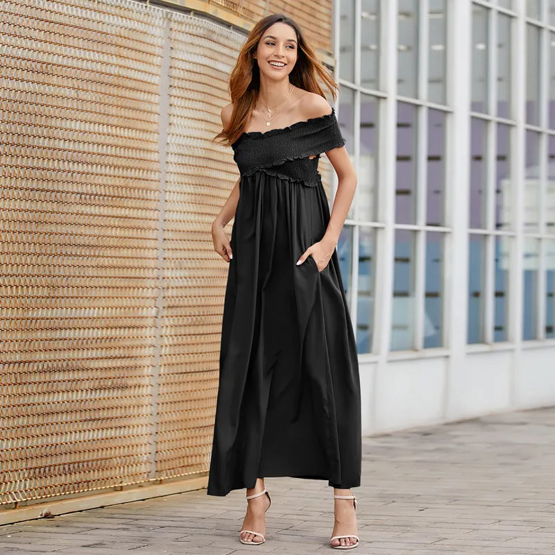 Wrinkle Off The Shoulder Party Vacation Maxi Dresses