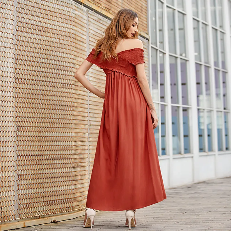 Wrinkle Off The Shoulder Party Vacation Maxi Dresses