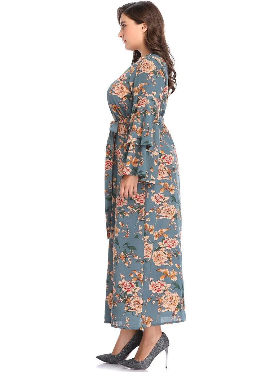 XL Round Neck Speaker Long Sleeve Printed Long Dress