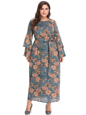 XL Round Neck Speaker Long Sleeve Printed Long Dress