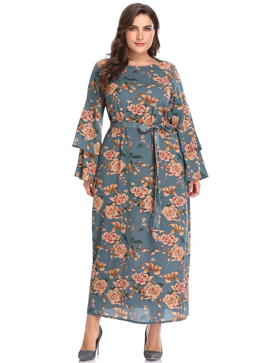 XL Round Neck Speaker Long Sleeve Printed Long Dress