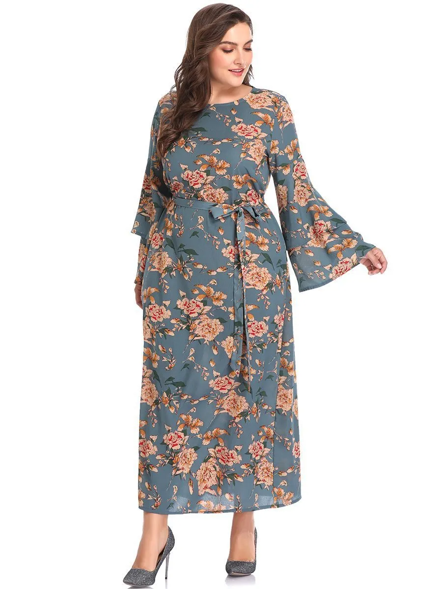 XL Round Neck Speaker Long Sleeve Printed Long Dress