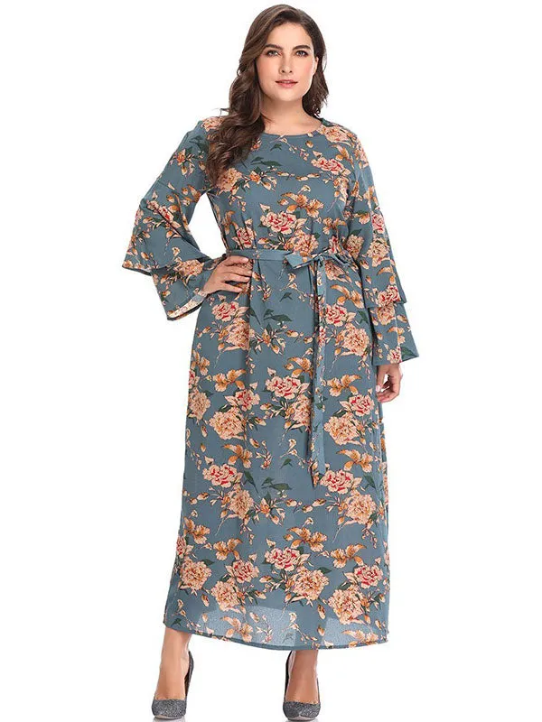 XL Round Neck Speaker Long Sleeve Printed Long Dress