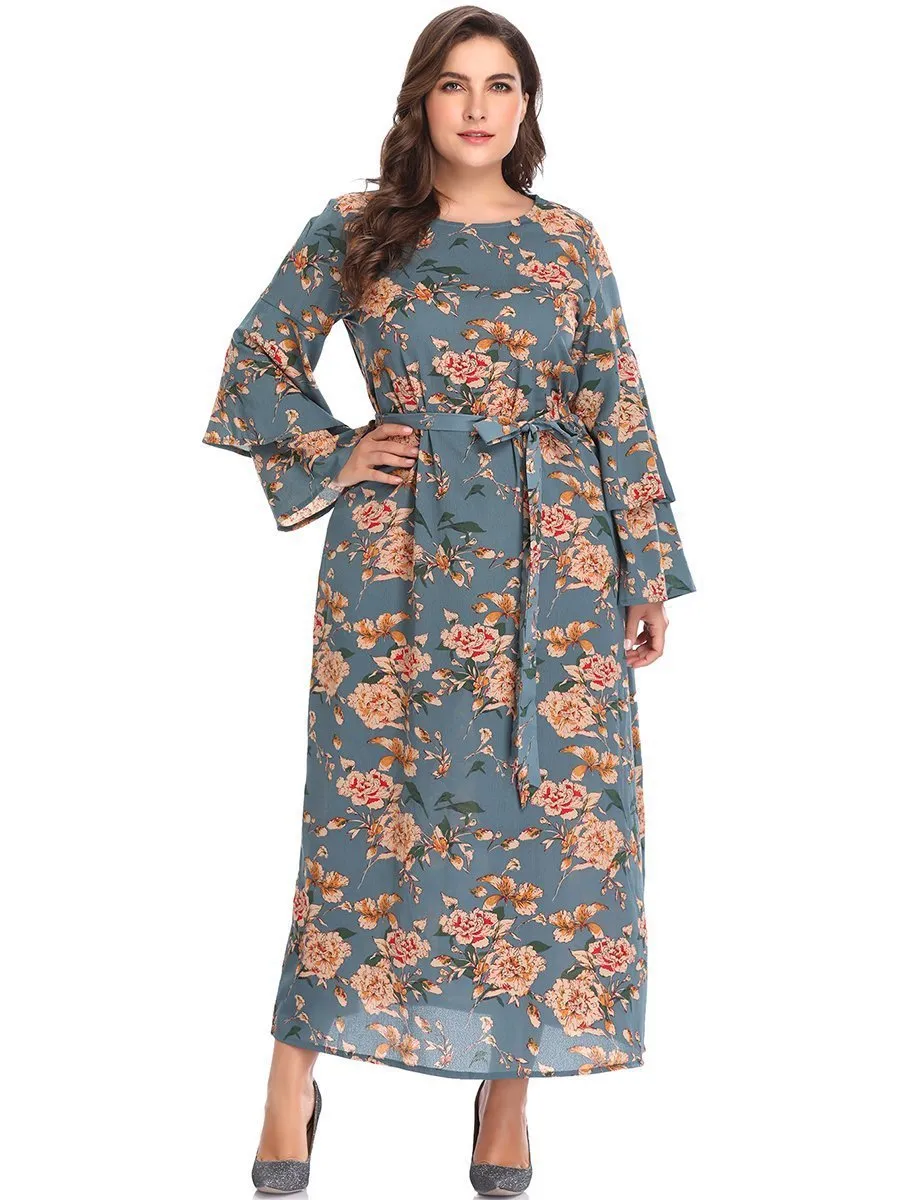 XL Round Neck Speaker Long Sleeve Printed Long Dress