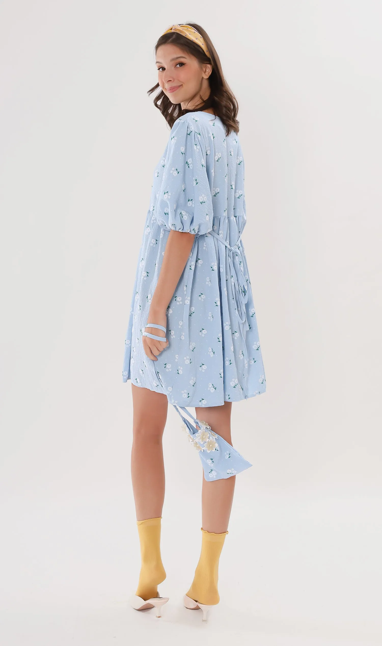 YANA Floral-Print Puff-Sleeve Babydoll Dress w/ Bag (Powder Blue)