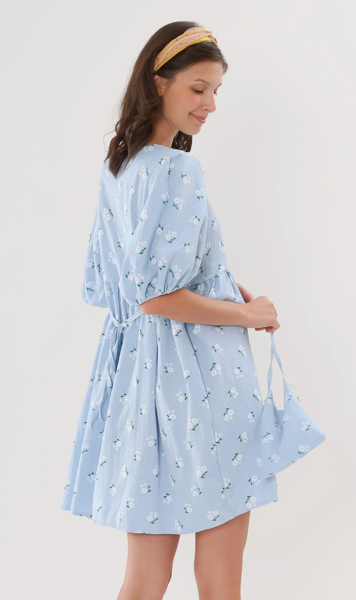 YANA Floral-Print Puff-Sleeve Babydoll Dress w/ Bag (Powder Blue)