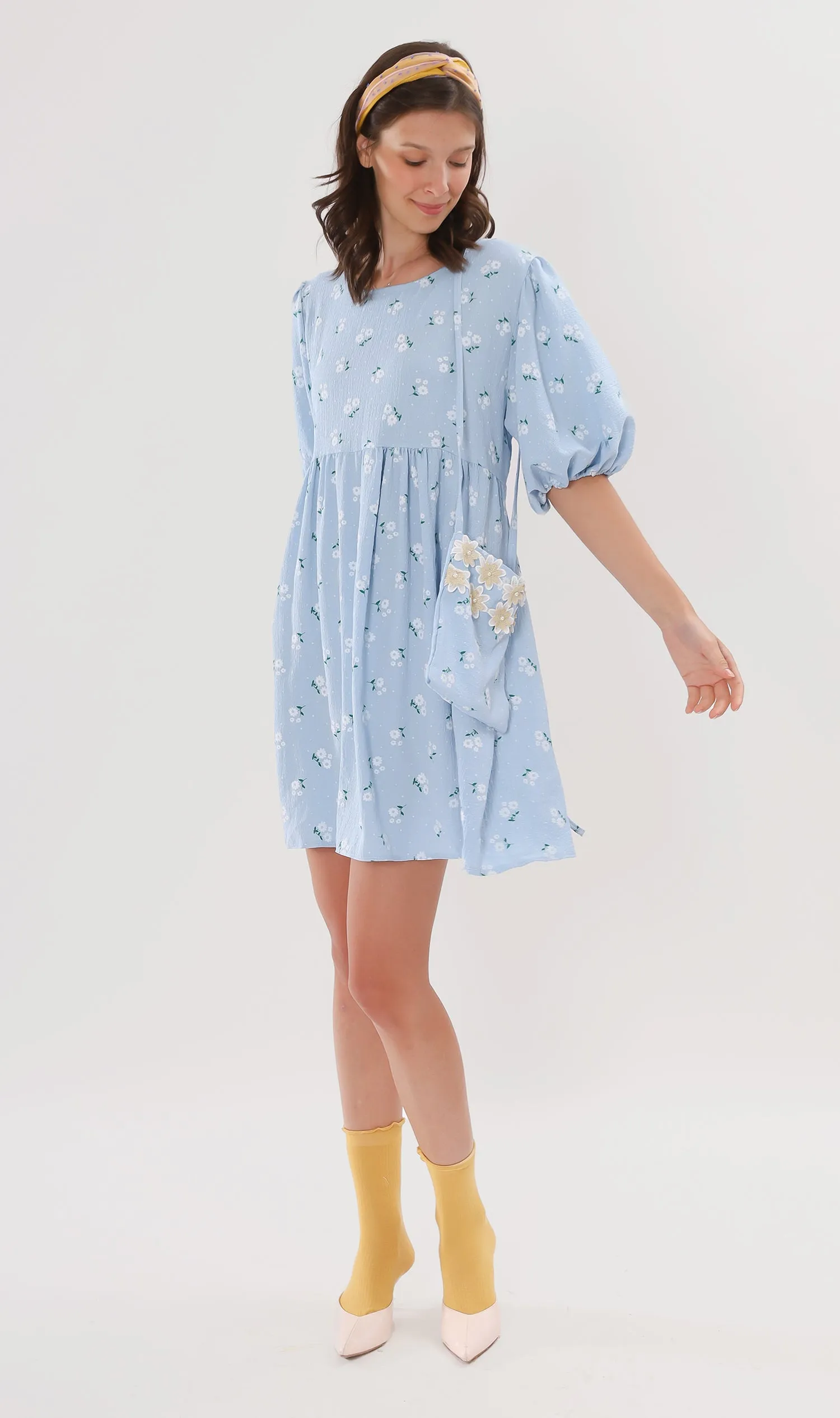 YANA Floral-Print Puff-Sleeve Babydoll Dress w/ Bag (Powder Blue)