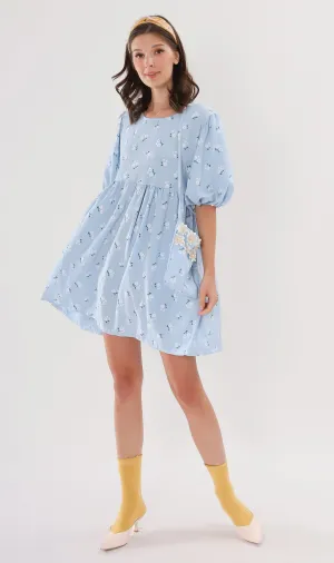YANA Floral-Print Puff-Sleeve Babydoll Dress w/ Bag (Powder Blue)