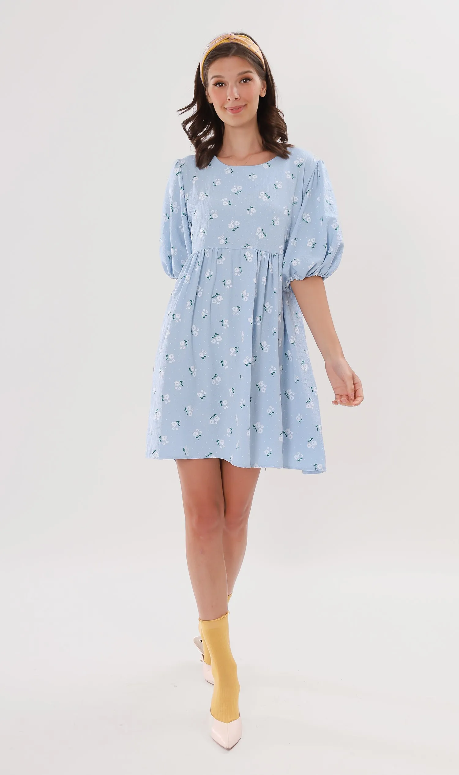 YANA Floral-Print Puff-Sleeve Babydoll Dress w/ Bag (Powder Blue)