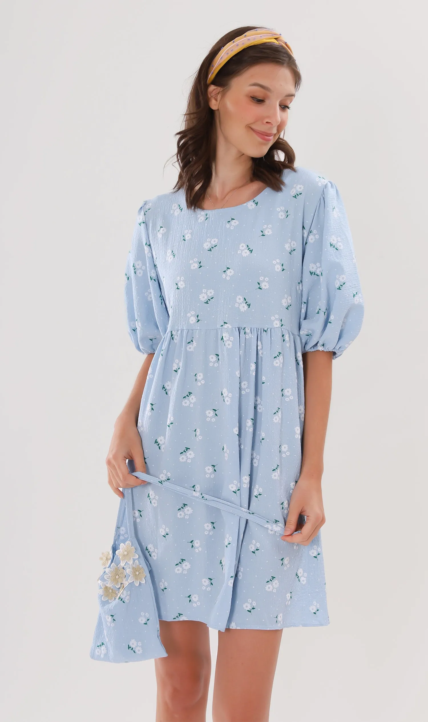 YANA Floral-Print Puff-Sleeve Babydoll Dress w/ Bag (Powder Blue)