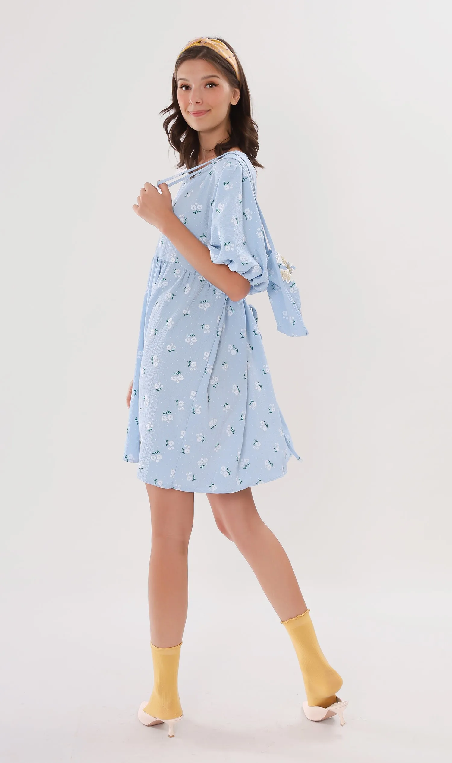 YANA Floral-Print Puff-Sleeve Babydoll Dress w/ Bag (Powder Blue)