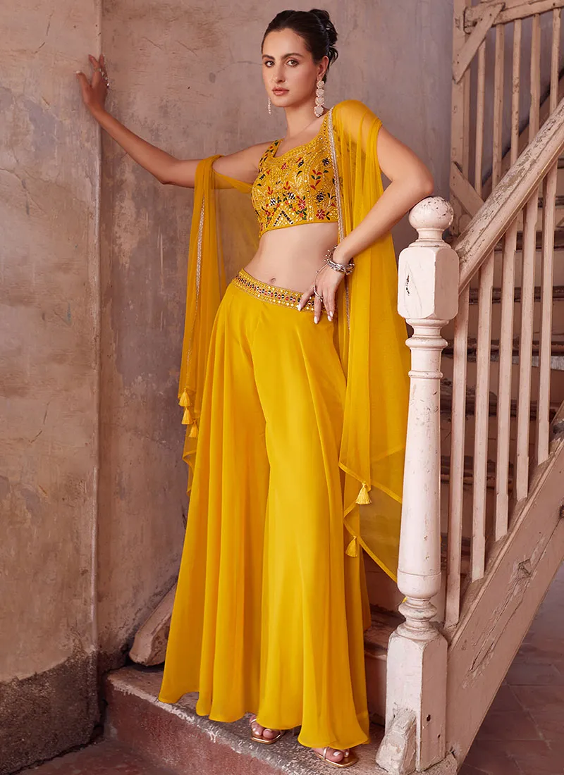 Yellow Multi Embroidered Cape Style Co-Ord Sharara Set