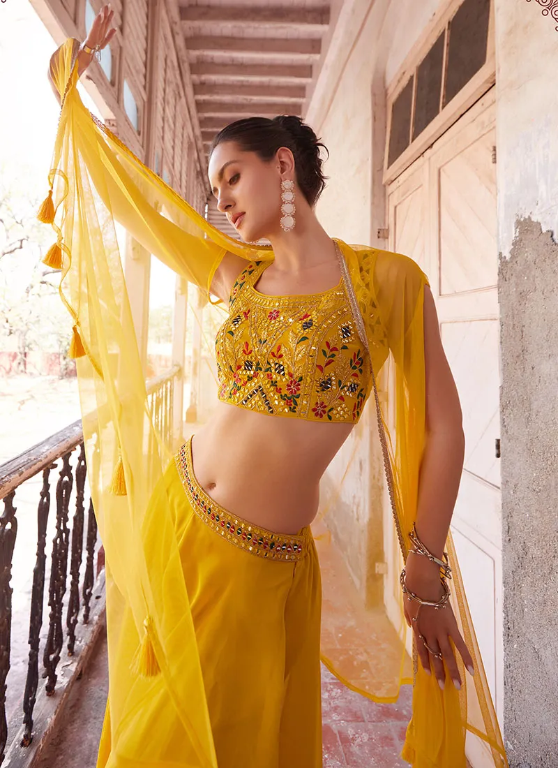 Yellow Multi Embroidered Cape Style Co-Ord Sharara Set