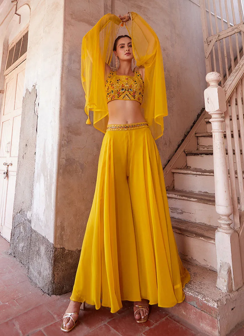 Yellow Multi Embroidered Cape Style Co-Ord Sharara Set