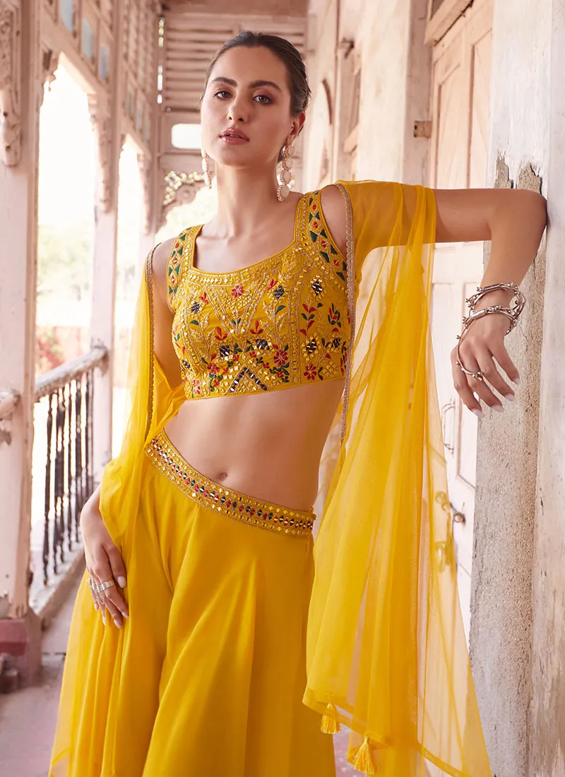 Yellow Multi Embroidered Cape Style Co-Ord Sharara Set