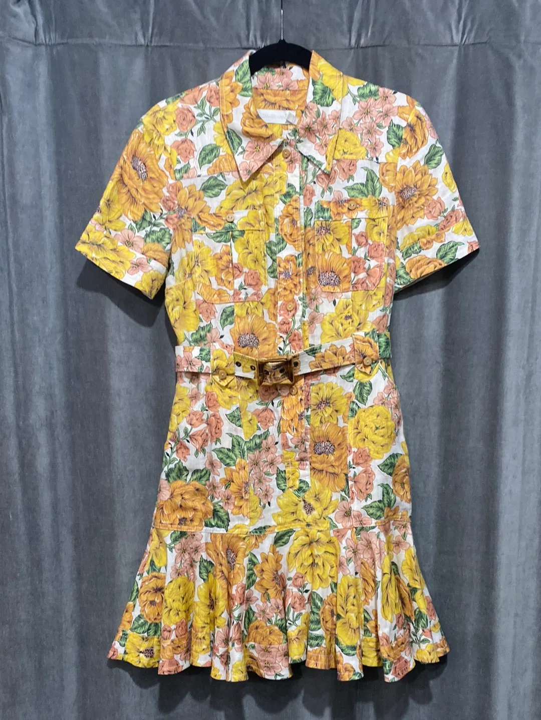 ZIMMERMANN Yellow and Orange Button Down Belted Mini Dress