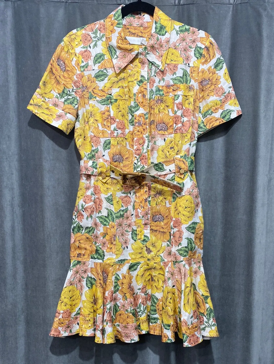 ZIMMERMANN Yellow and Orange Button Down Belted Mini Dress