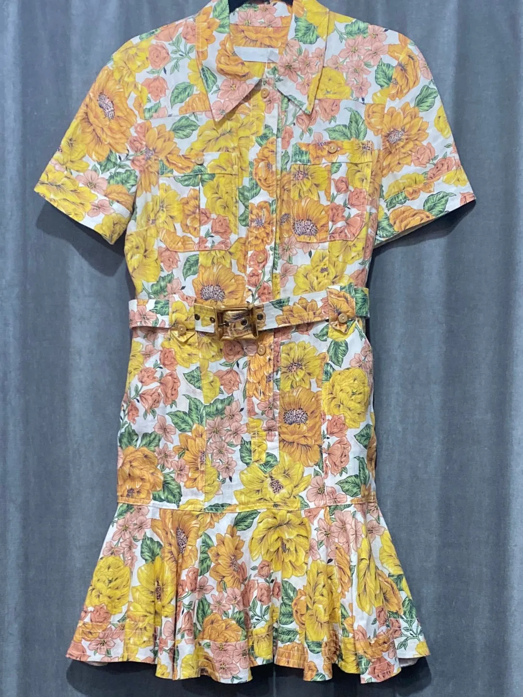 ZIMMERMANN Yellow and Orange Button Down Belted Mini Dress